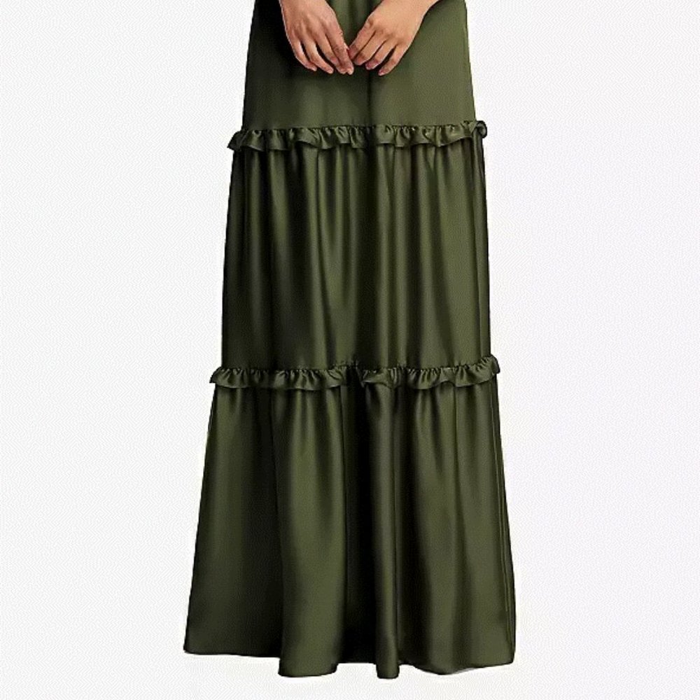 TH116..Low-Back Triangle Dress with Ruffle-Trimmed Tiered Skirt...Green..Size S - Picture 2 of 9
